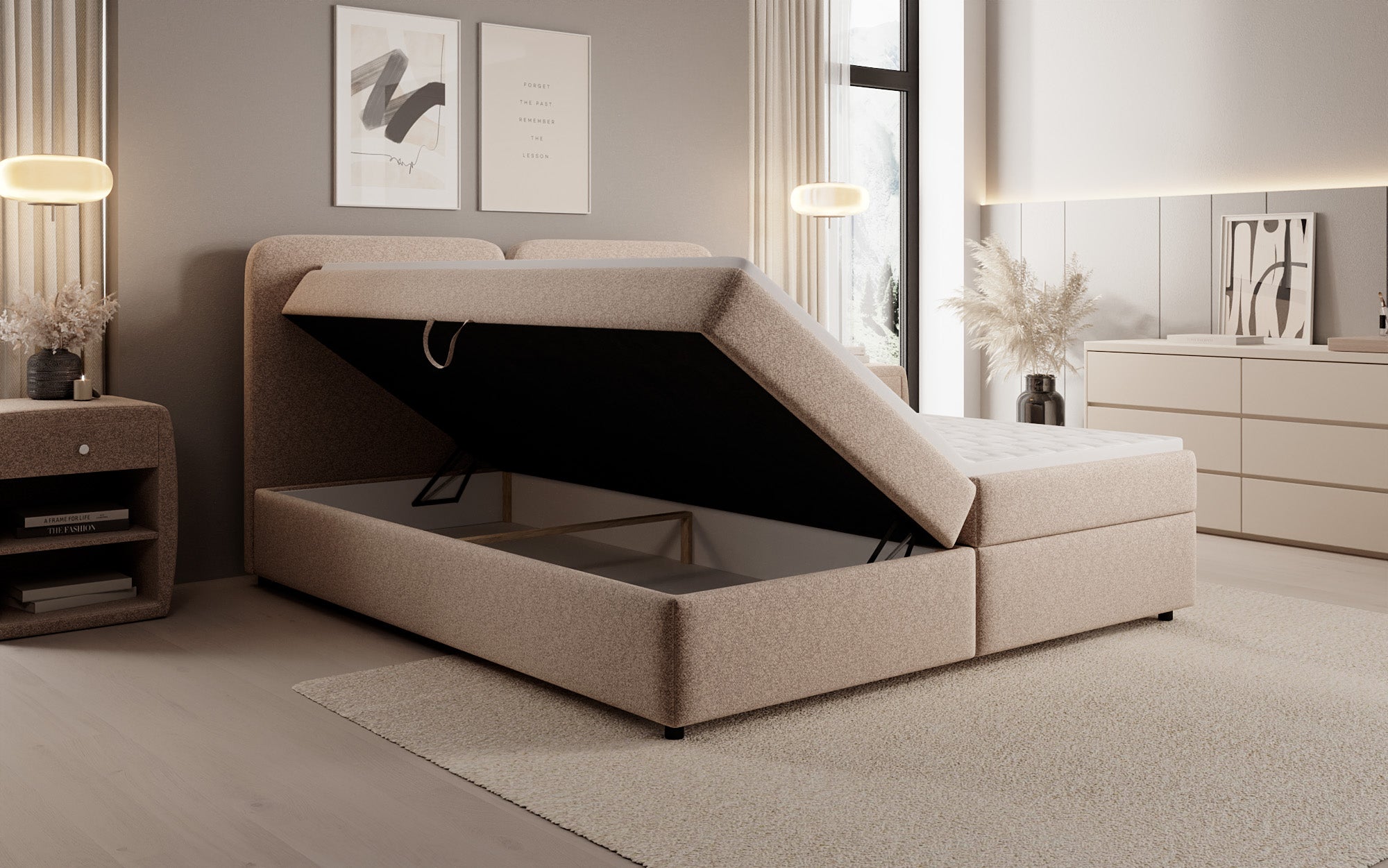 Box spring bed Mira in textured fabric with storage space
