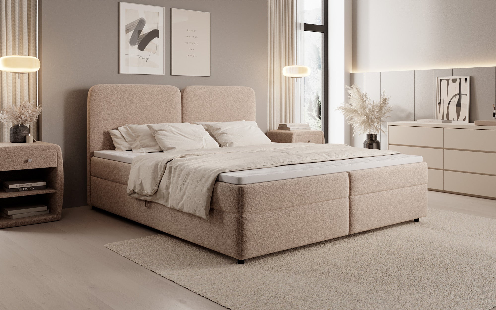 Box spring bed Mira in textured fabric with storage space