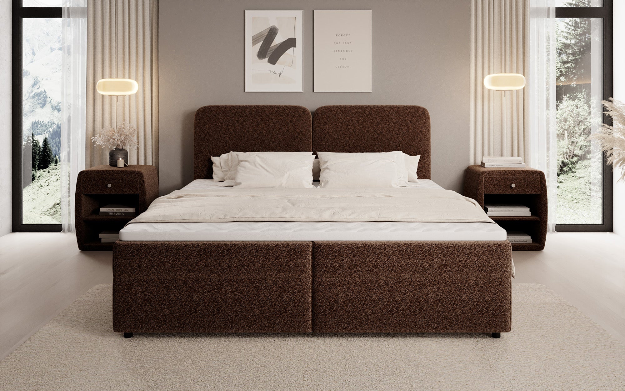 Box spring bed Mira in textured fabric with storage space