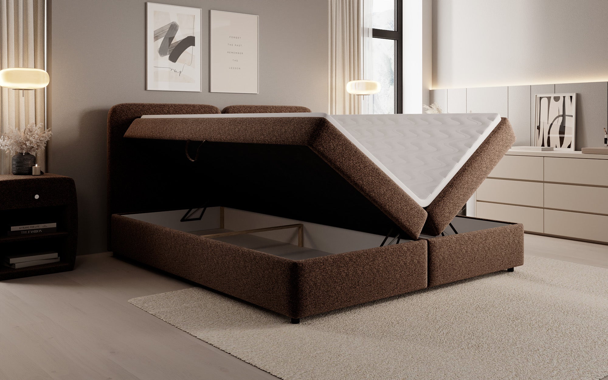 Box spring bed Mira in textured fabric with storage space