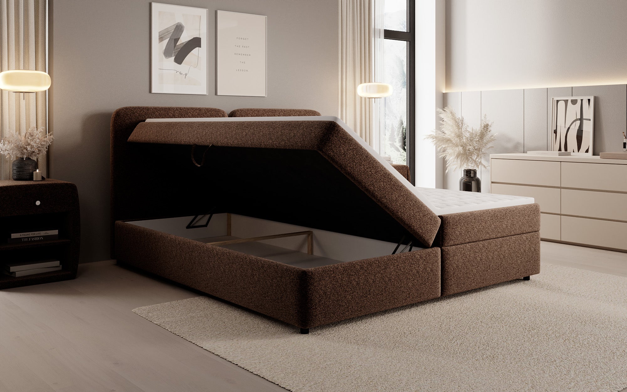 Box spring bed Mira in textured fabric with storage space