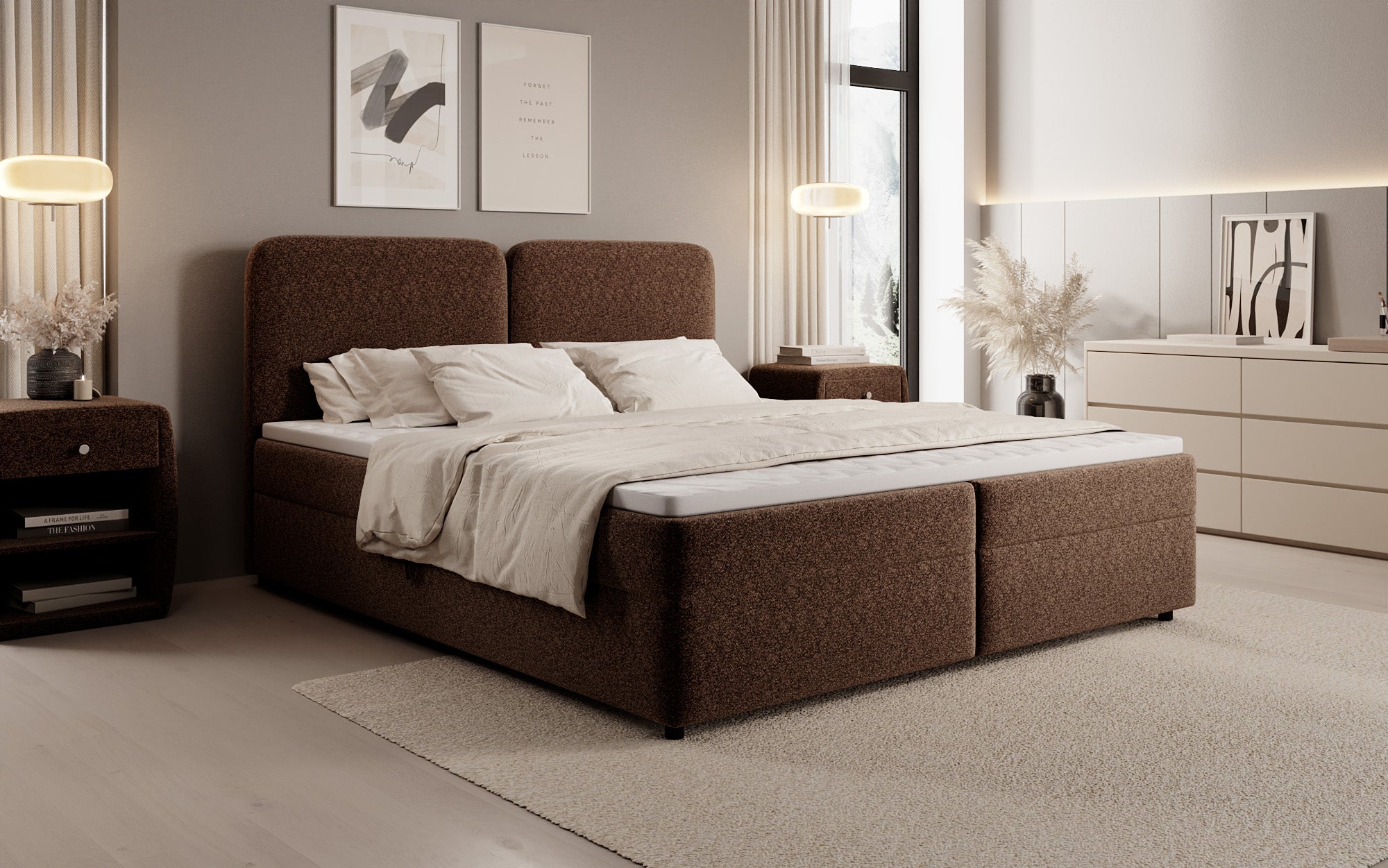 Box spring bed Mira in textured fabric with storage space