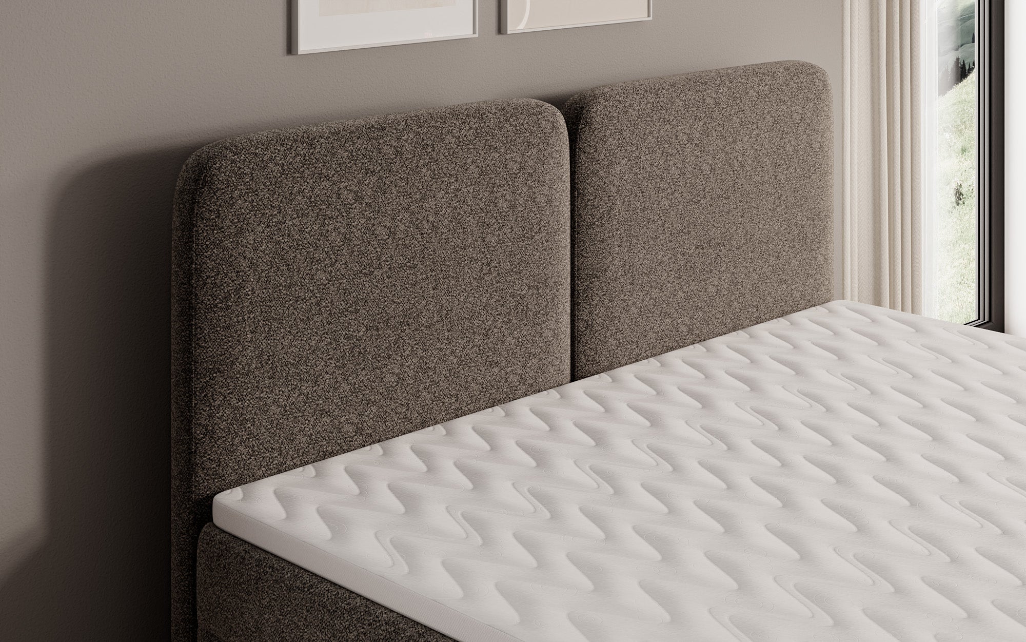 Box spring bed Mira in textured fabric with storage space