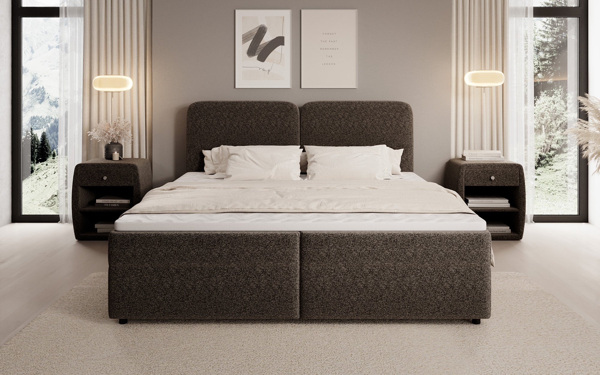 Box spring bed Mira in textured fabric with storage space