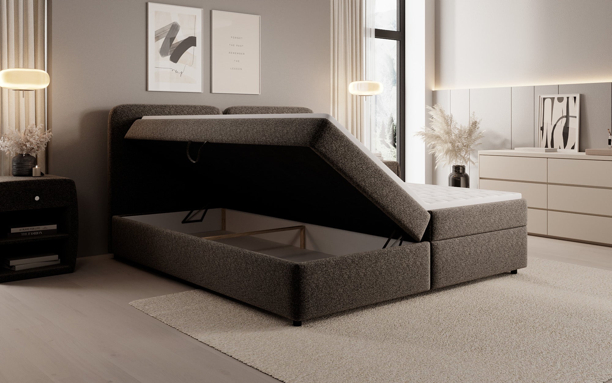 Box spring bed Mira in textured fabric with storage space