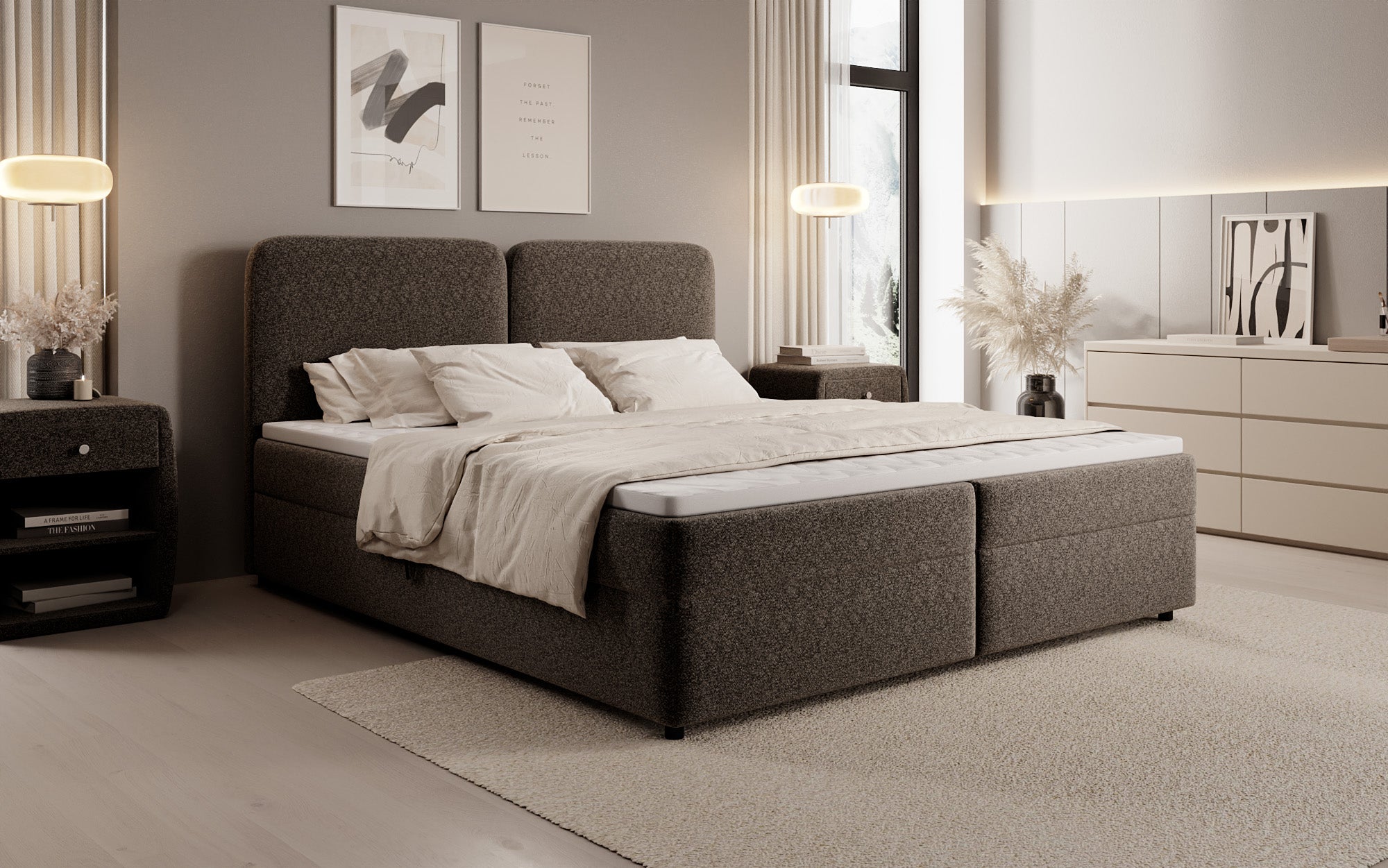 Box spring bed Mira in textured fabric with storage space