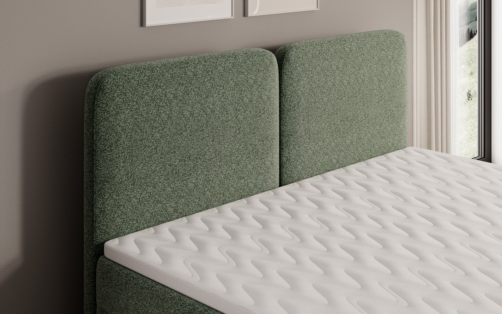 Box spring bed Mira in textured fabric with storage space