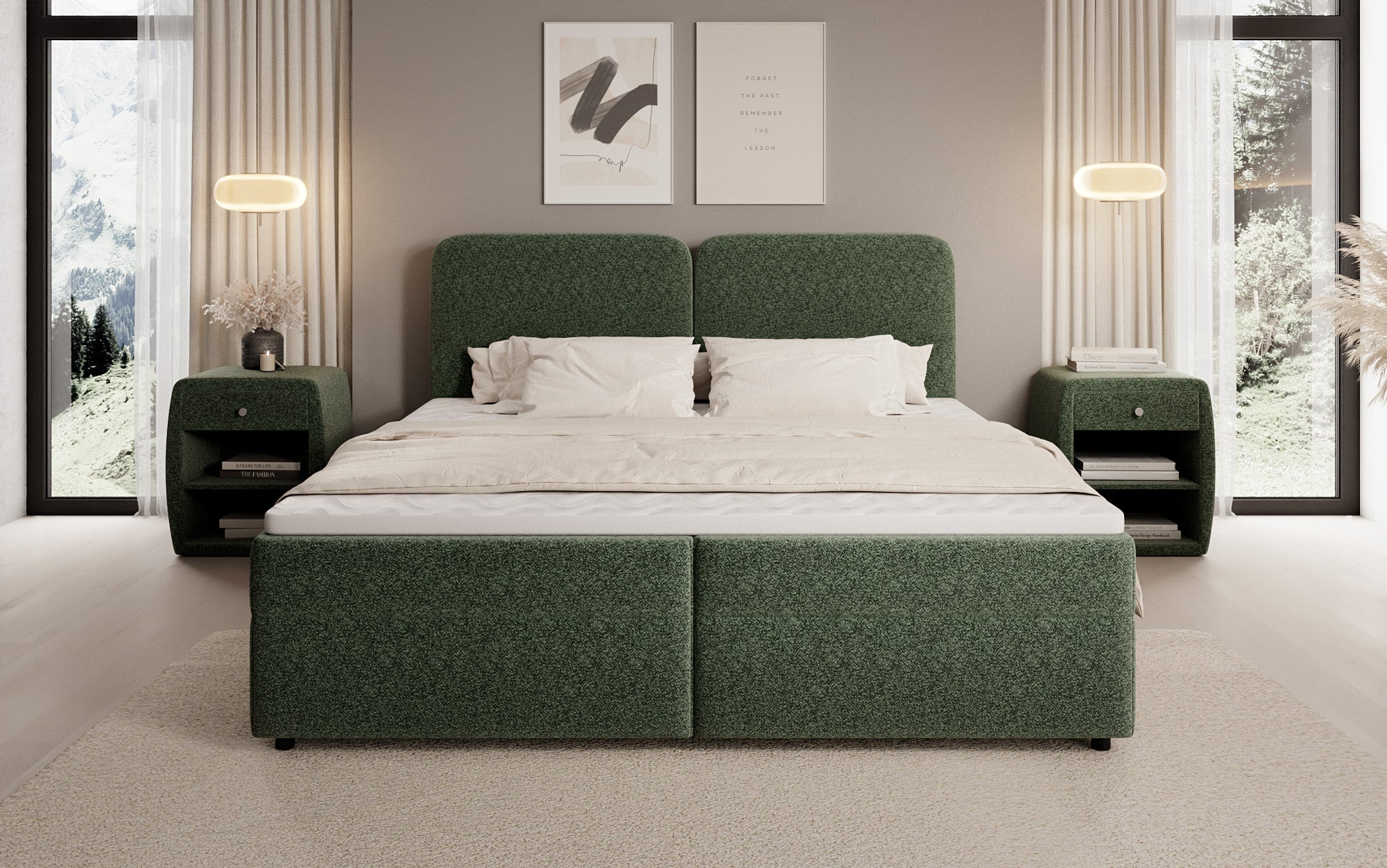 Box spring bed Mira in textured fabric with storage space