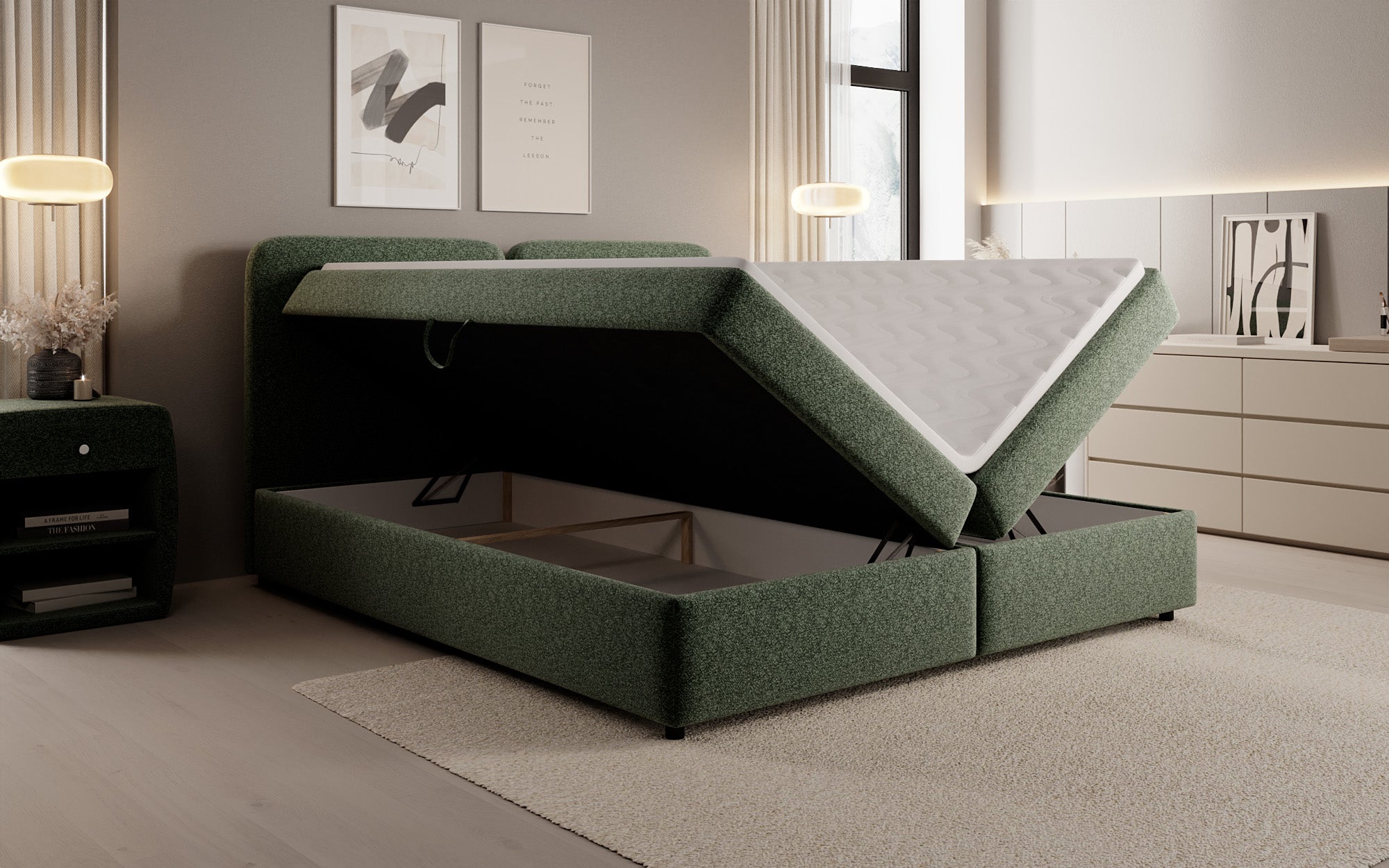 Box spring bed Mira in textured fabric with storage space