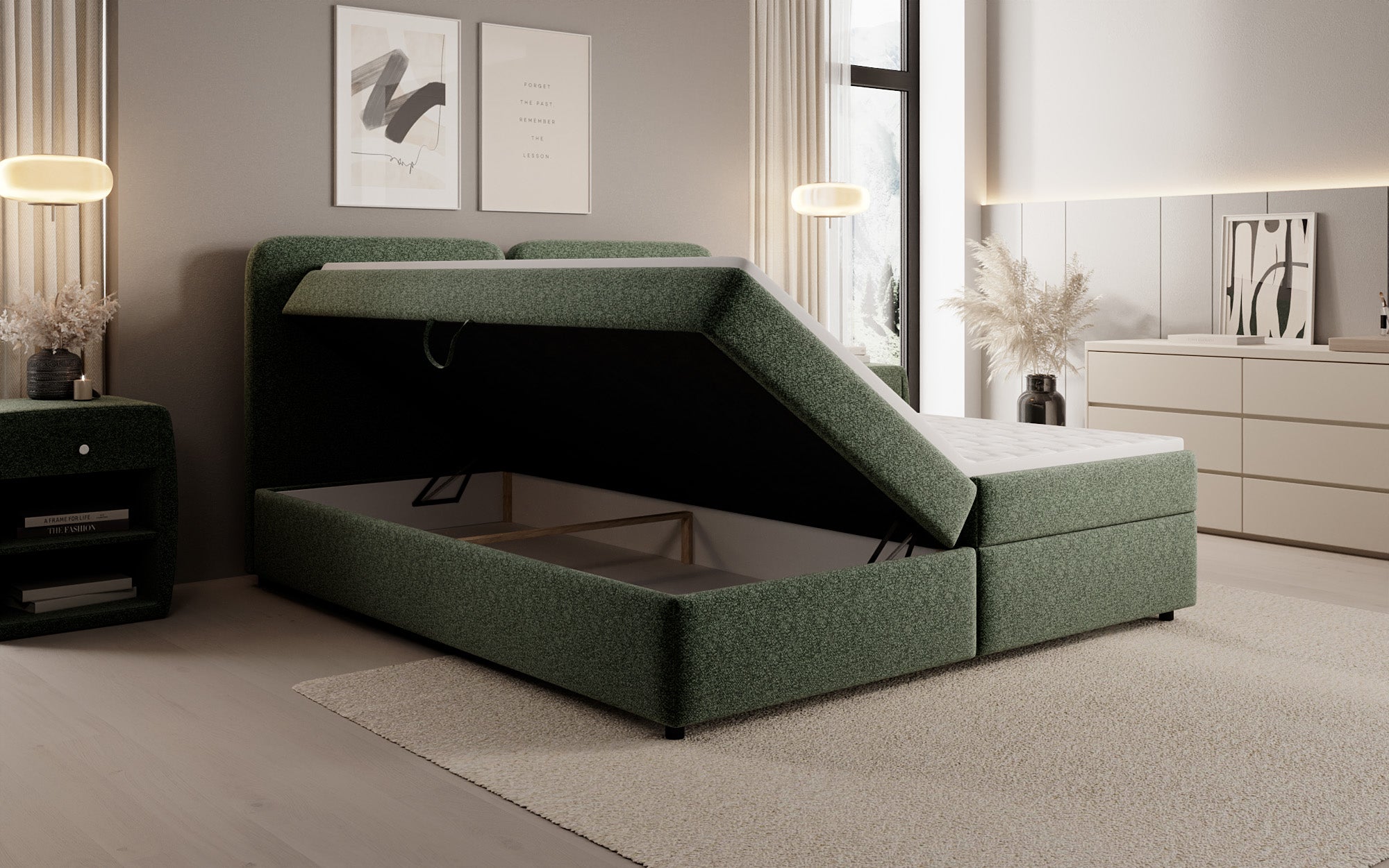 Box spring bed Mira in textured fabric with storage space