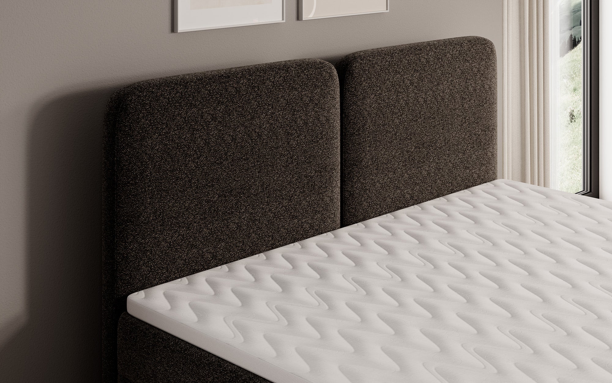 Box spring bed Mira in textured fabric with storage space
