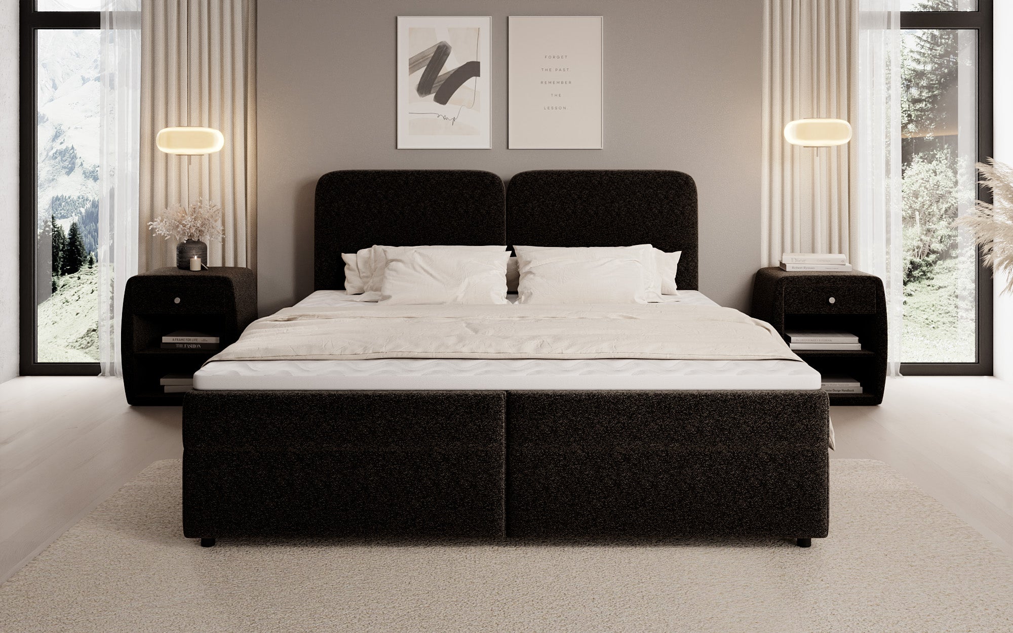 Box spring bed Mira in textured fabric with storage space