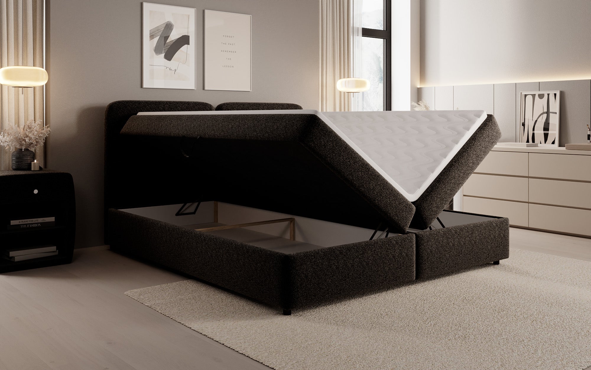Box spring bed Mira in textured fabric with storage space