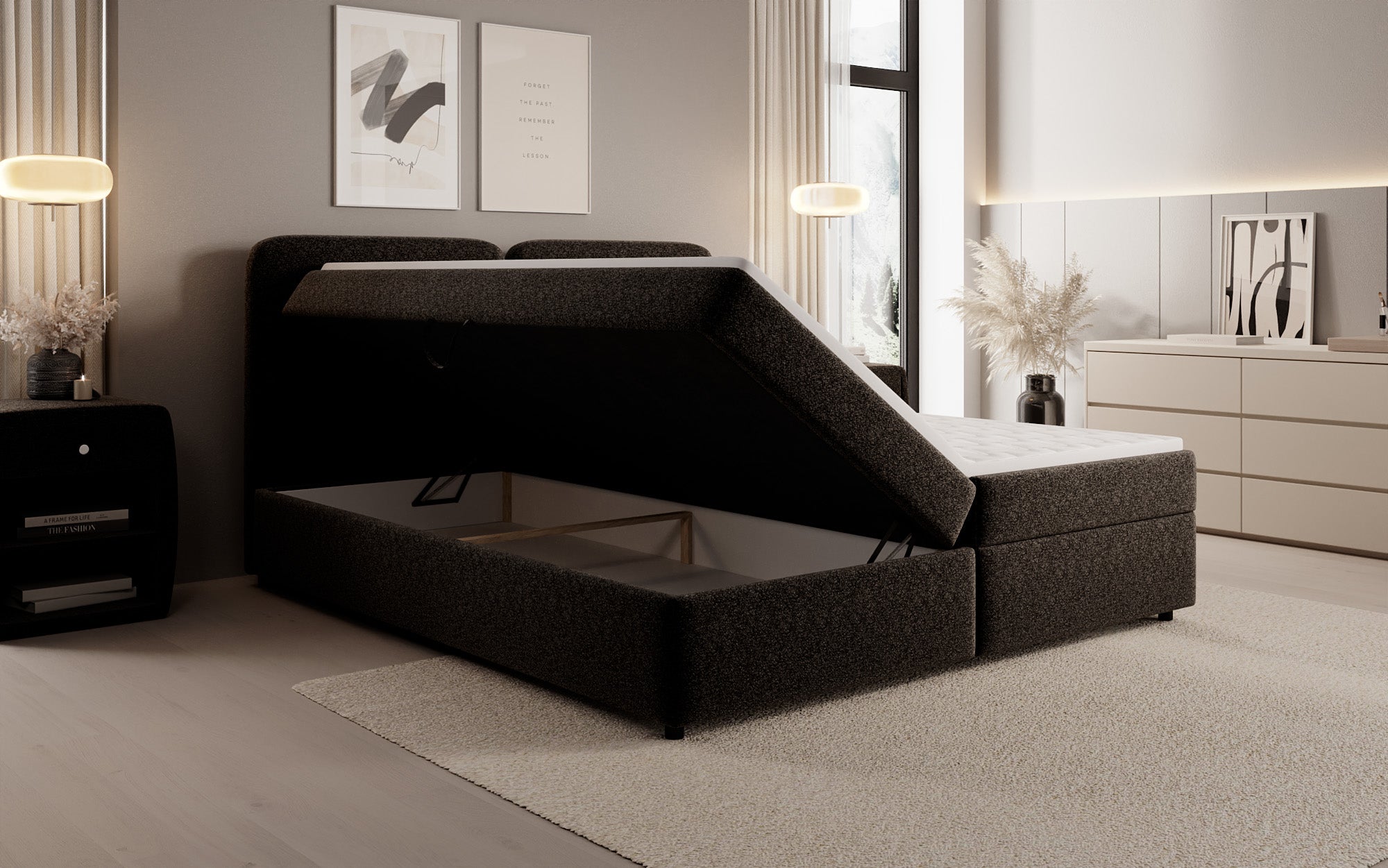 Box spring bed Mira in textured fabric with storage space