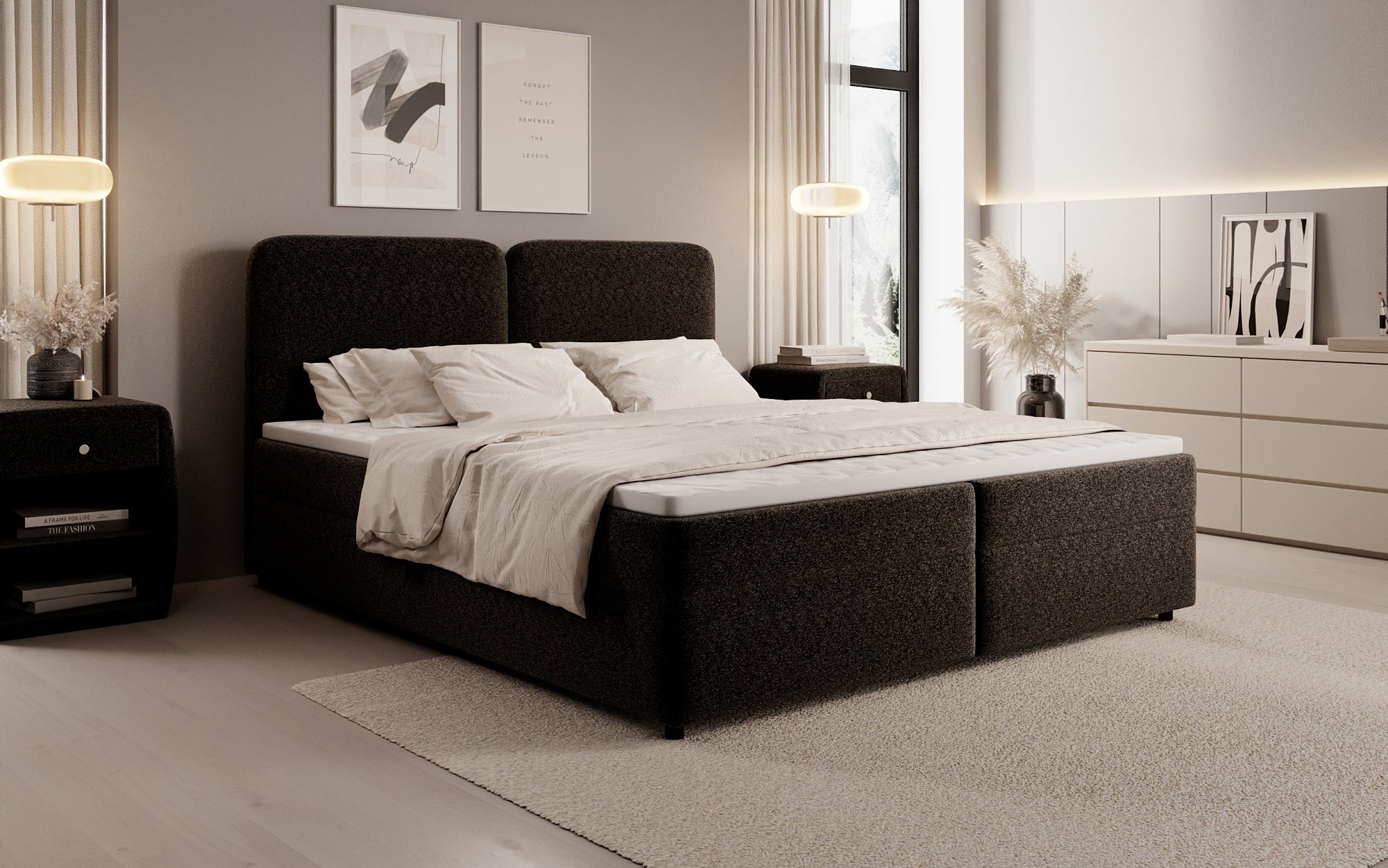 Box spring bed Mira in textured fabric with storage space