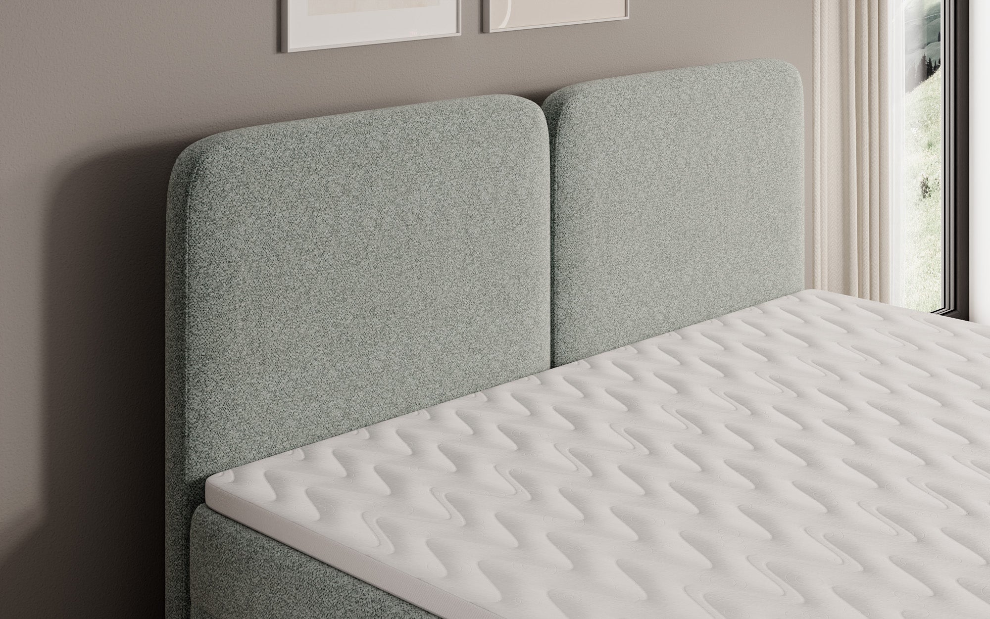Box spring bed Mira in textured fabric with storage space