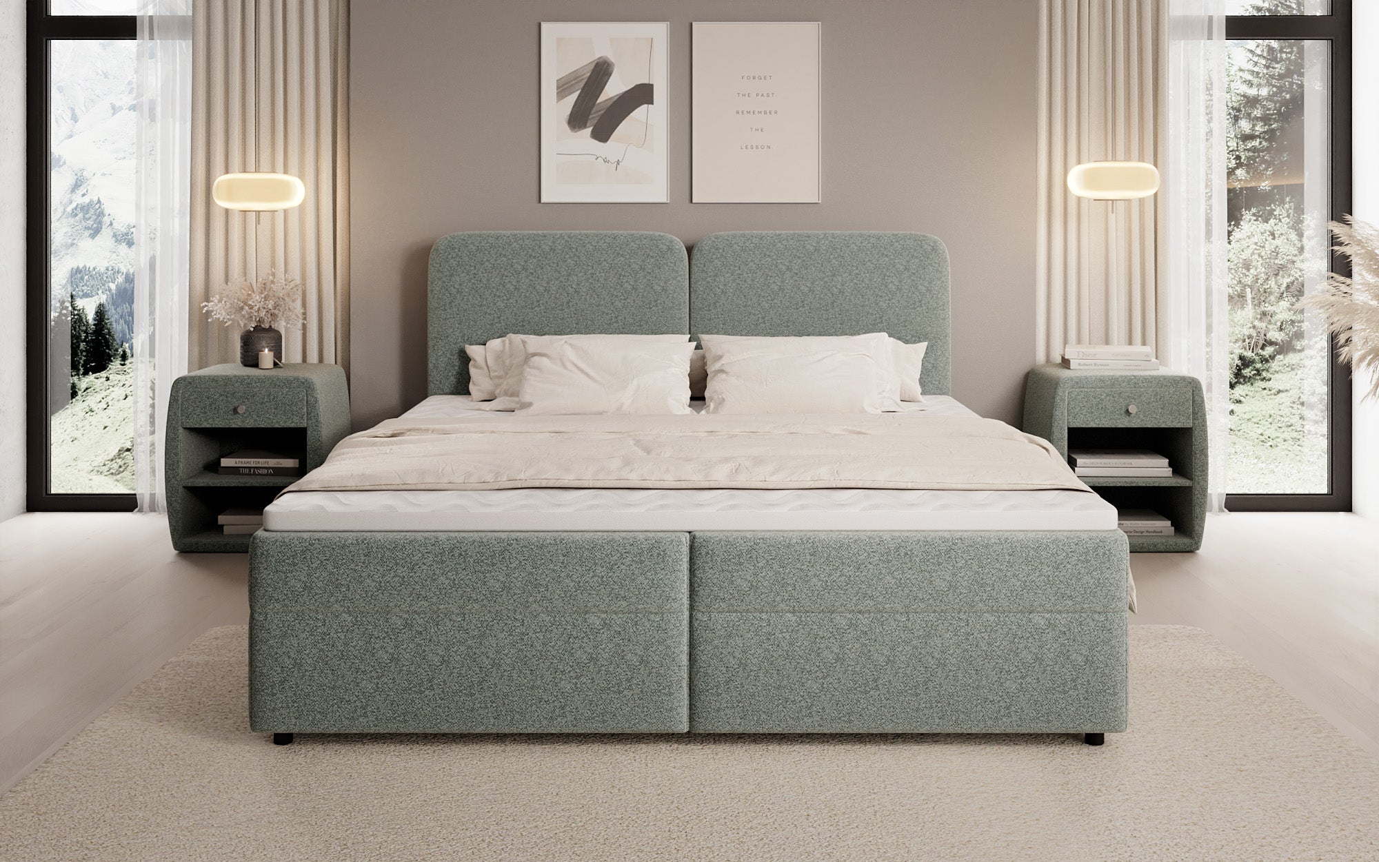 Box spring bed Mira in textured fabric with storage space