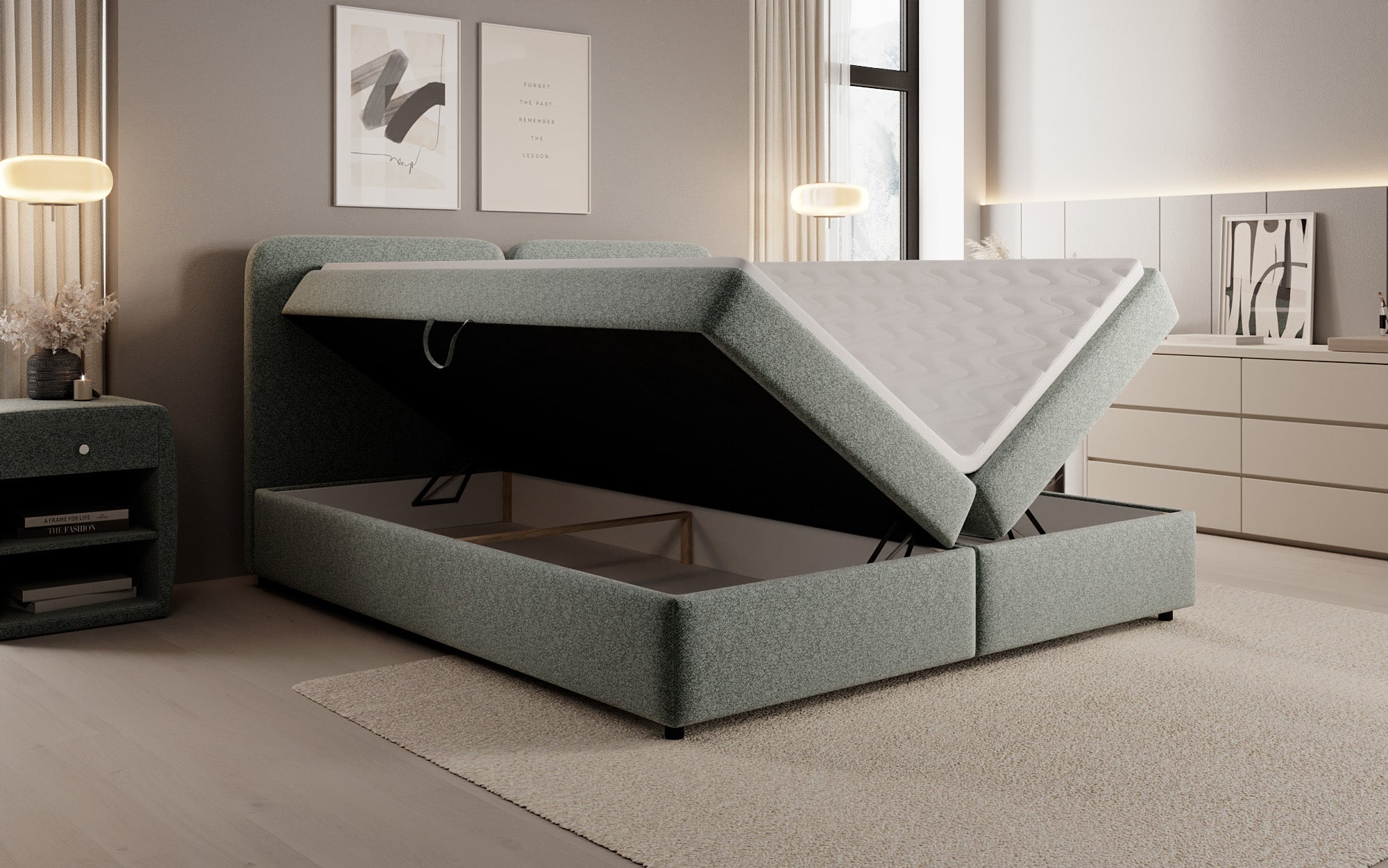 Box spring bed Mira in textured fabric with storage space