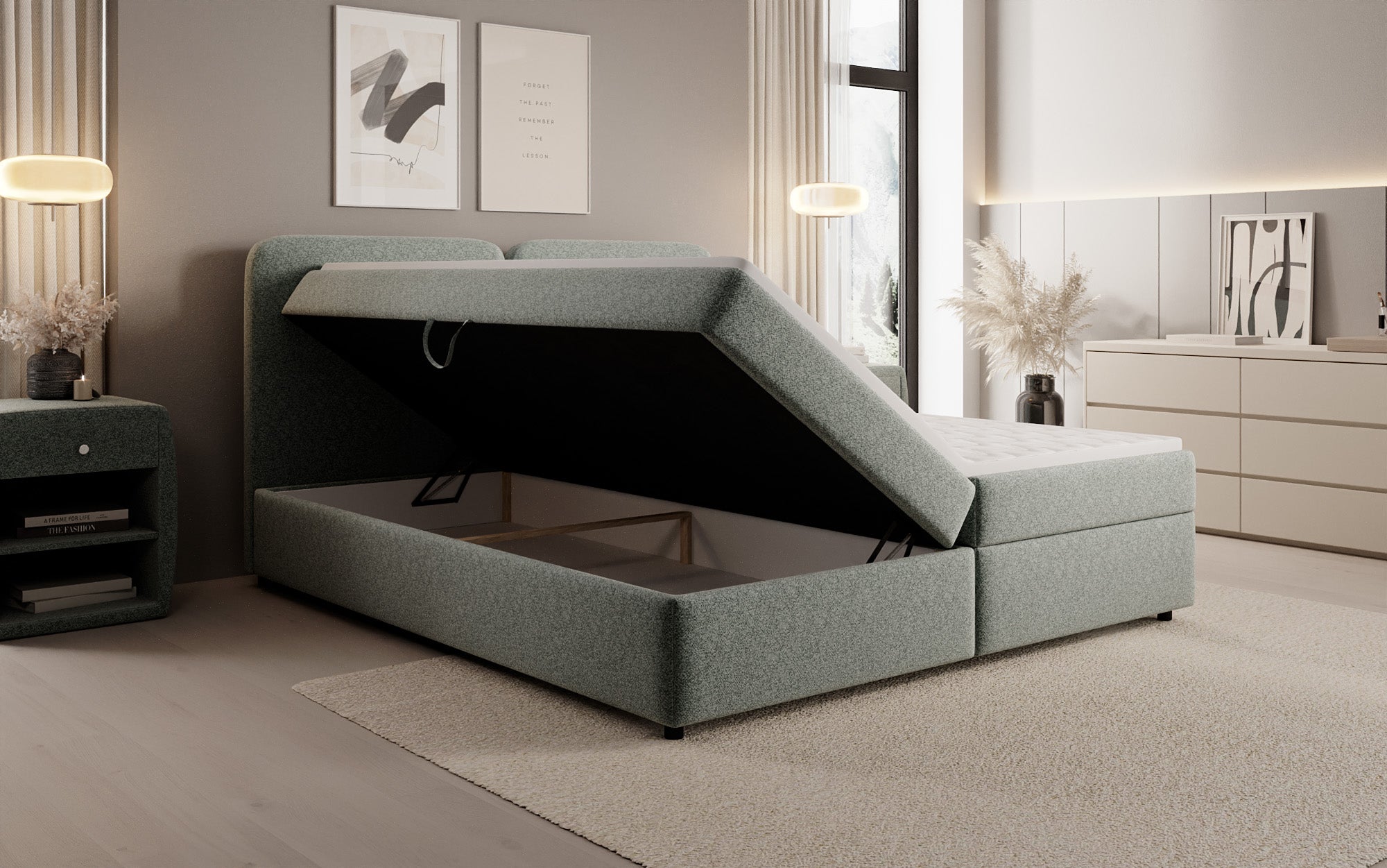 Box spring bed Mira in textured fabric with storage space