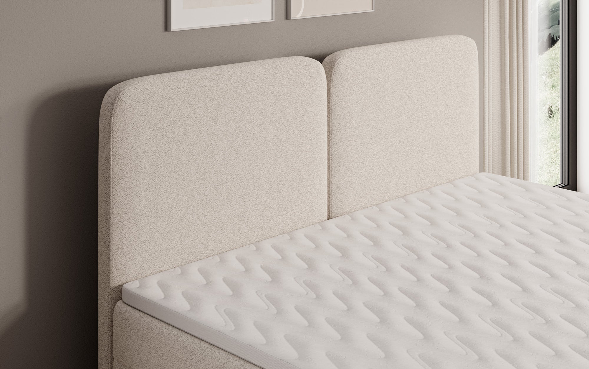 Box spring bed Mira in textured fabric with storage space