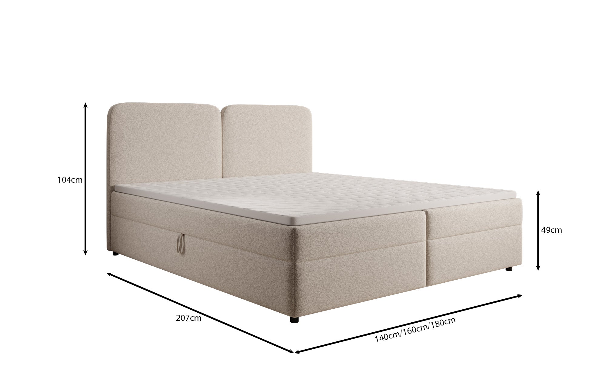 Box spring bed Mira in textured fabric with storage space