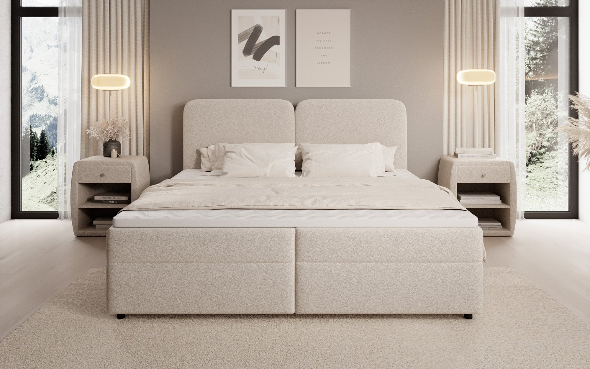 Box spring bed Mira in textured fabric with storage space