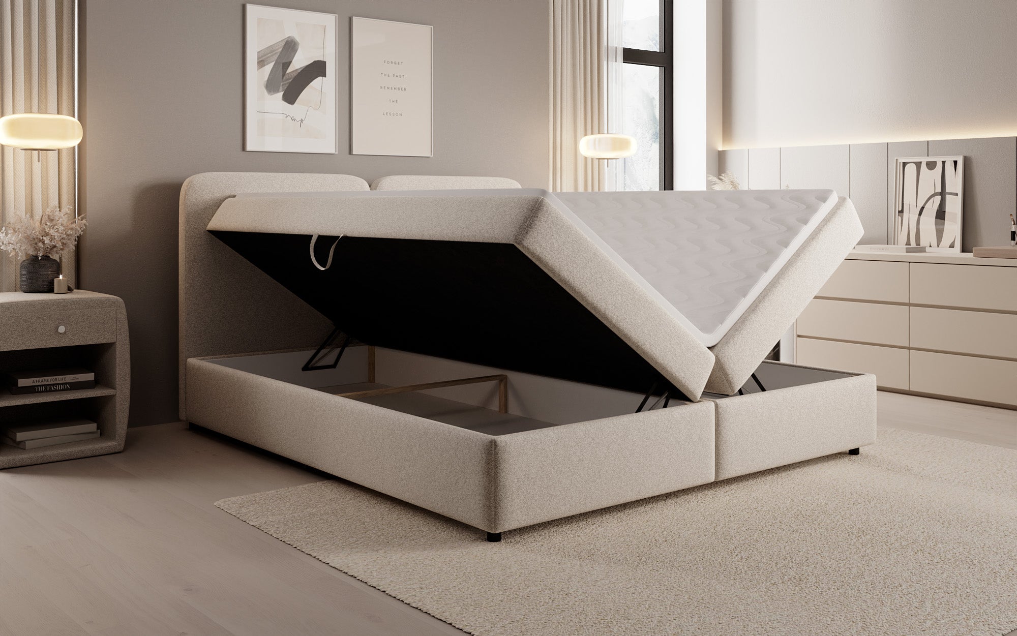 Box spring bed Mira in textured fabric with storage space