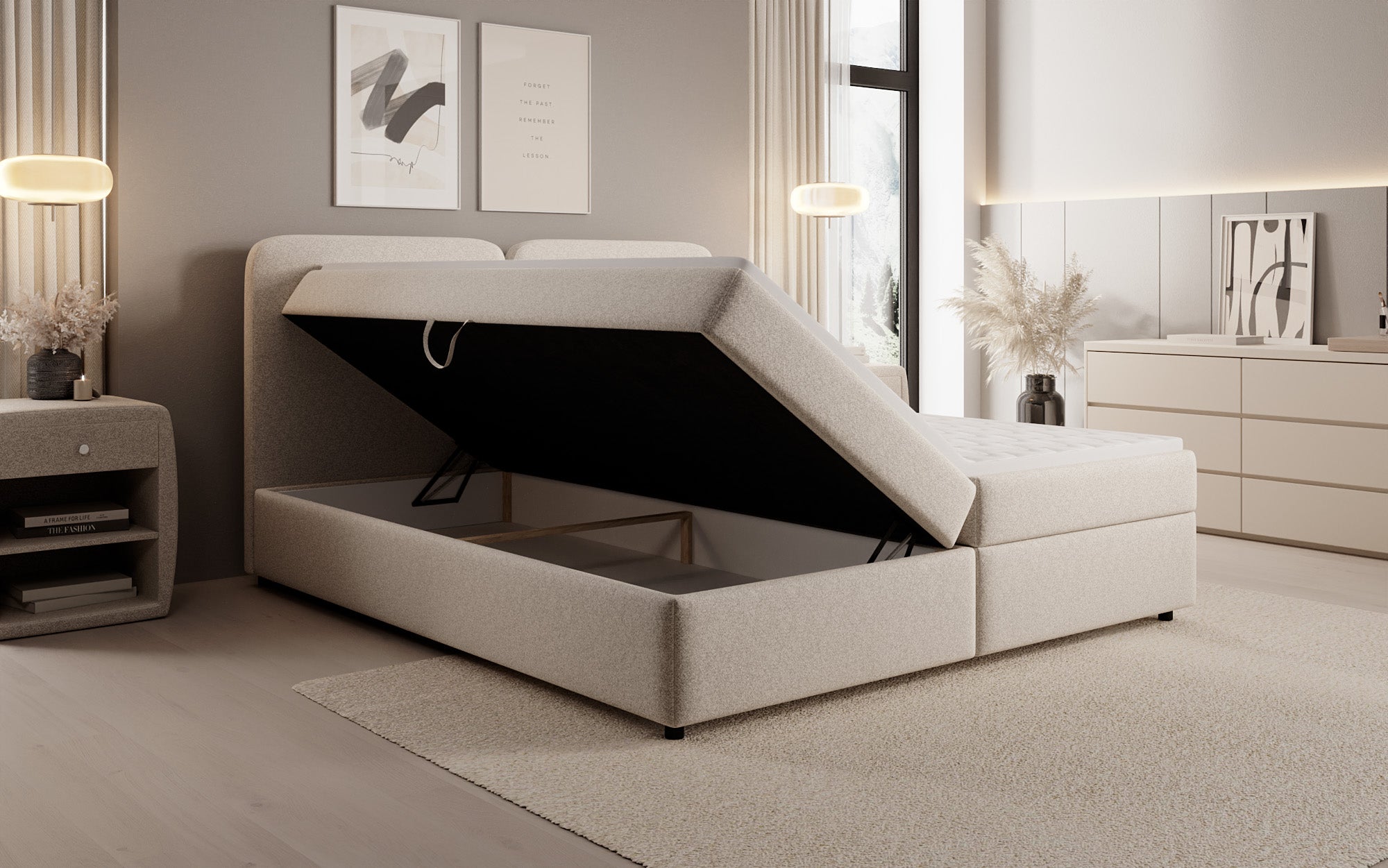 Box spring bed Mira in textured fabric with storage space