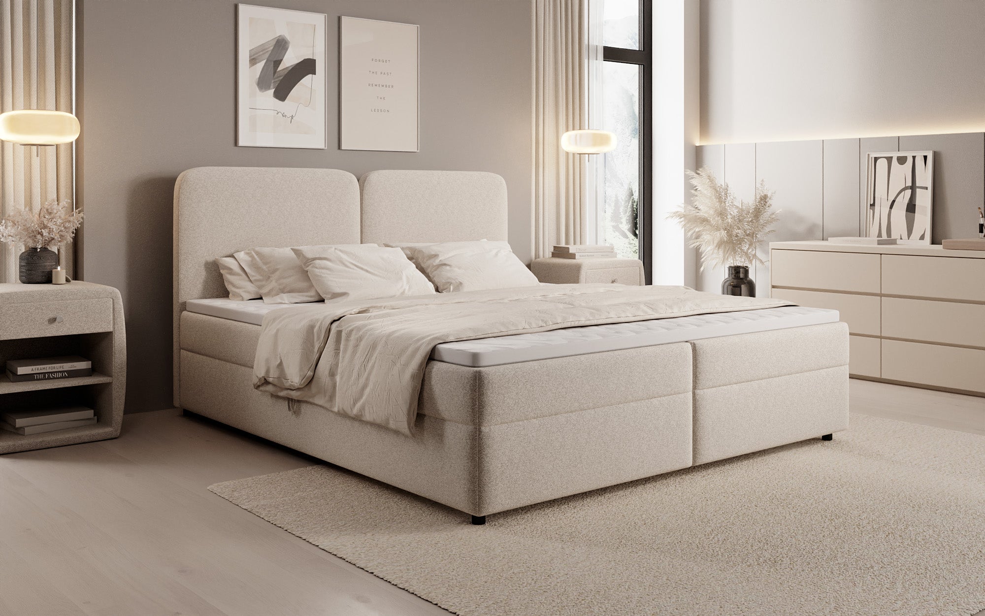 Box spring bed Mira in textured fabric with storage space