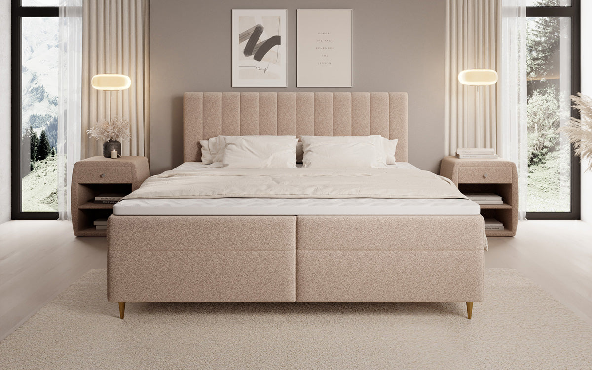 Chelsea box spring bed in textured fabric with storage space
