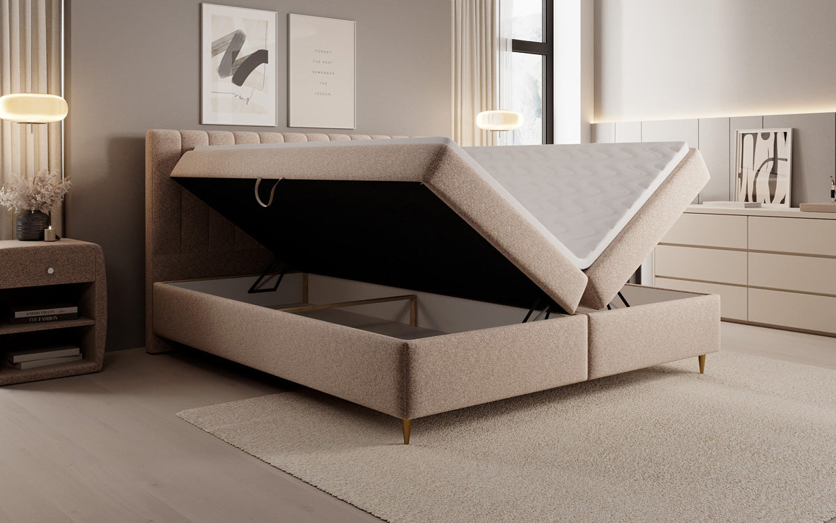Chelsea box spring bed in textured fabric with storage space
