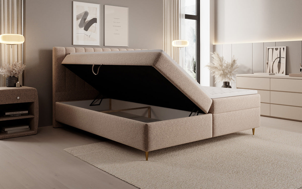 Chelsea box spring bed in textured fabric with storage space