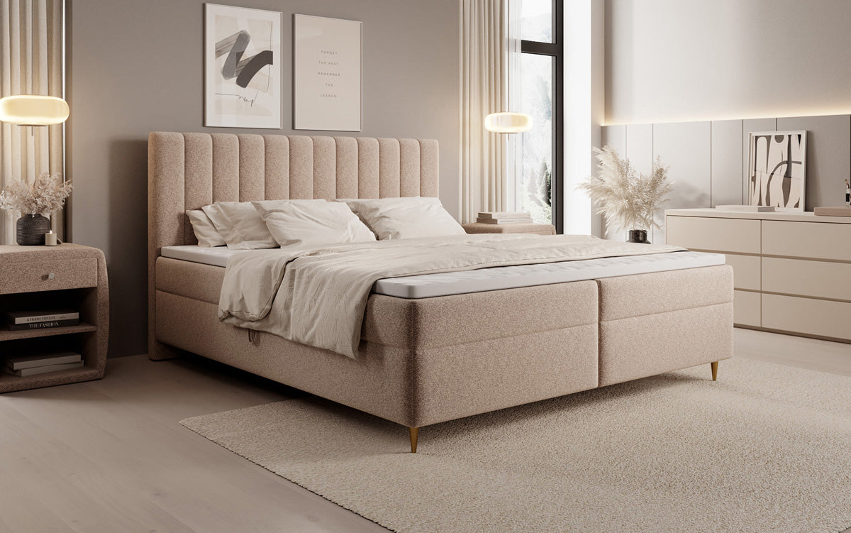 Chelsea box spring bed in textured fabric with storage space