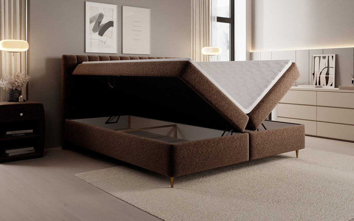 Chelsea box spring bed in textured fabric with storage space