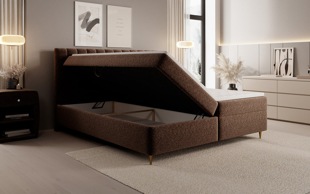Chelsea box spring bed in textured fabric with storage space