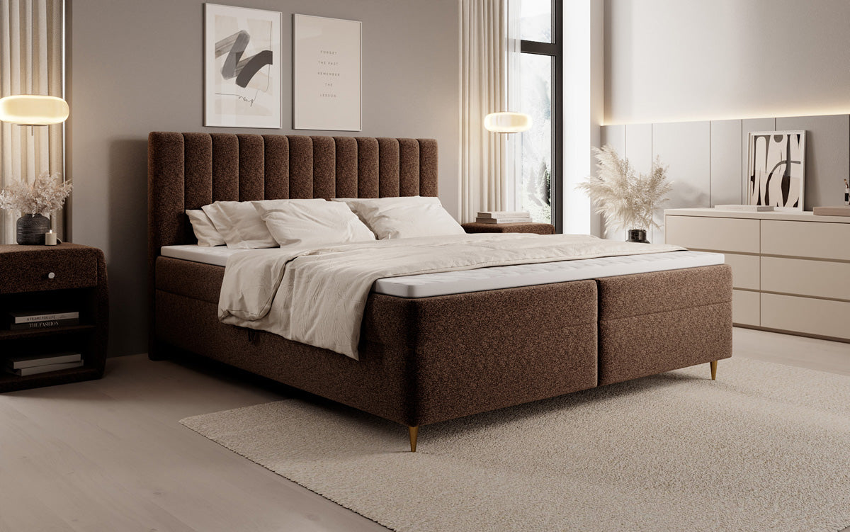 Chelsea box spring bed in textured fabric with storage space