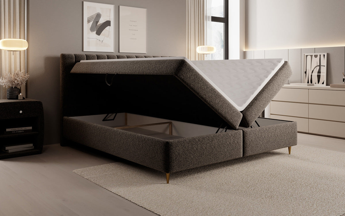 Chelsea box spring bed in textured fabric with storage space