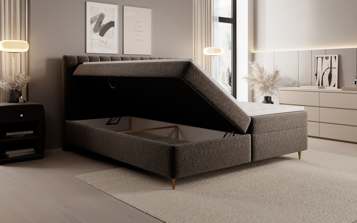 Chelsea box spring bed in textured fabric with storage space