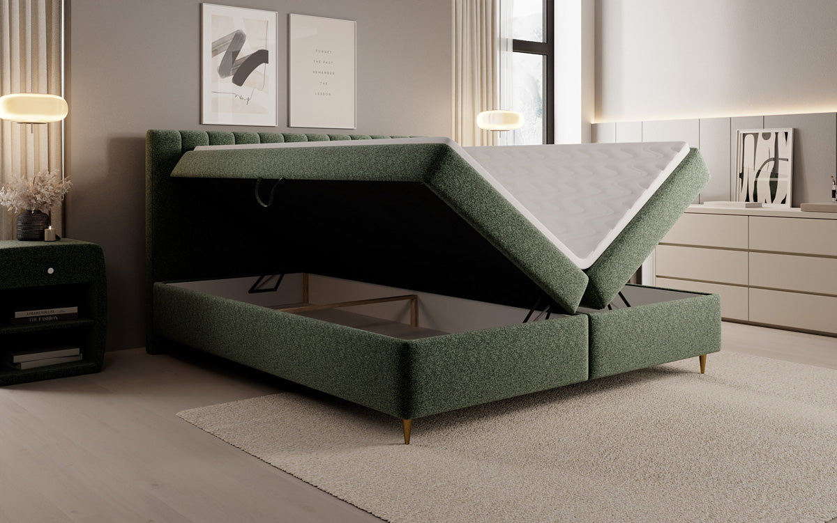 Chelsea box spring bed in textured fabric with storage space