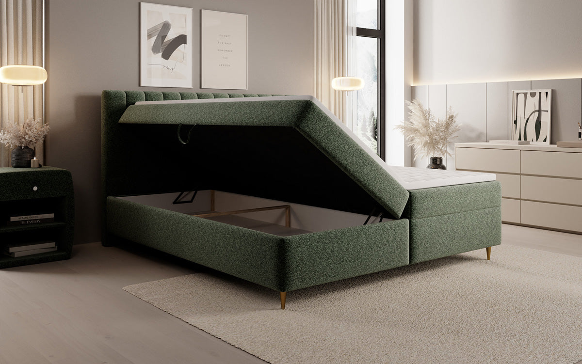 Chelsea box spring bed in textured fabric with storage space