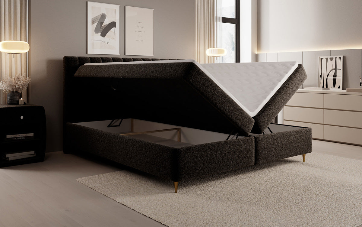 Chelsea box spring bed in textured fabric with storage space