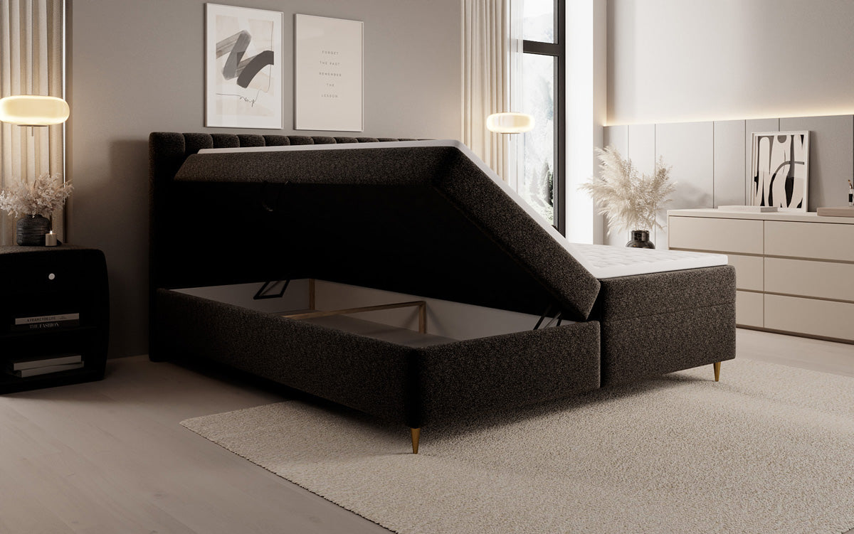 Chelsea box spring bed in textured fabric with storage space
