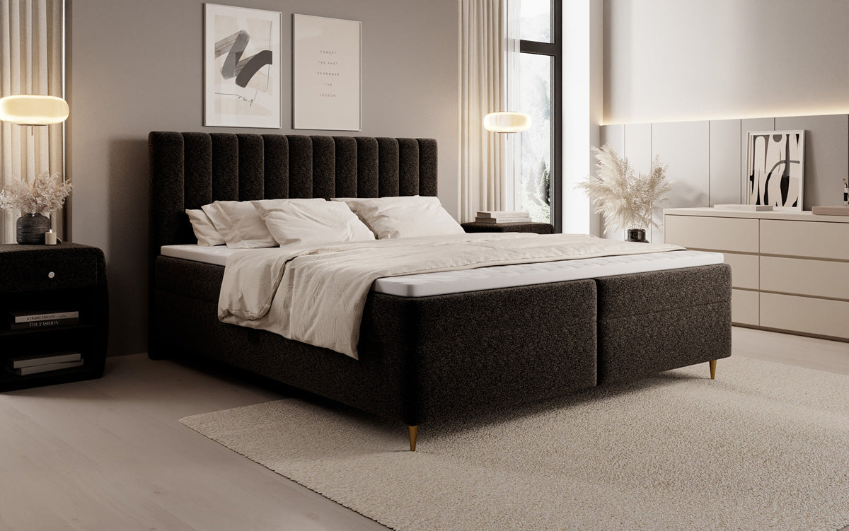 Chelsea box spring bed in textured fabric with storage space
