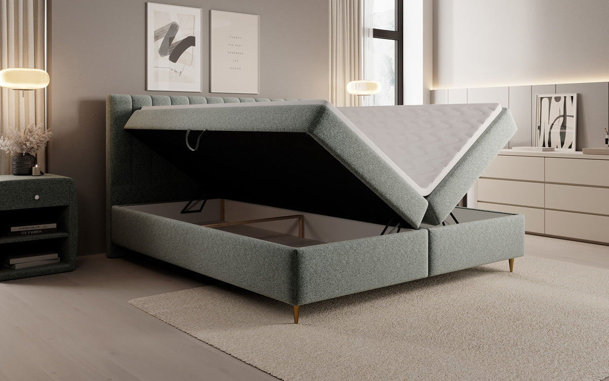 Chelsea box spring bed in textured fabric with storage space