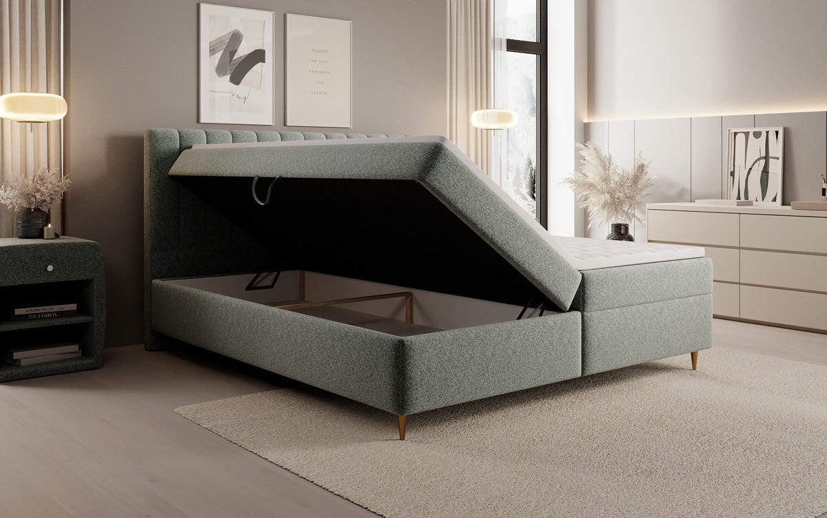 Chelsea box spring bed in textured fabric with storage space