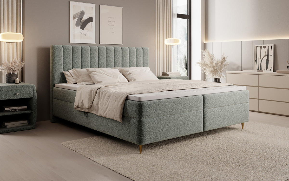 Chelsea box spring bed in textured fabric with storage space