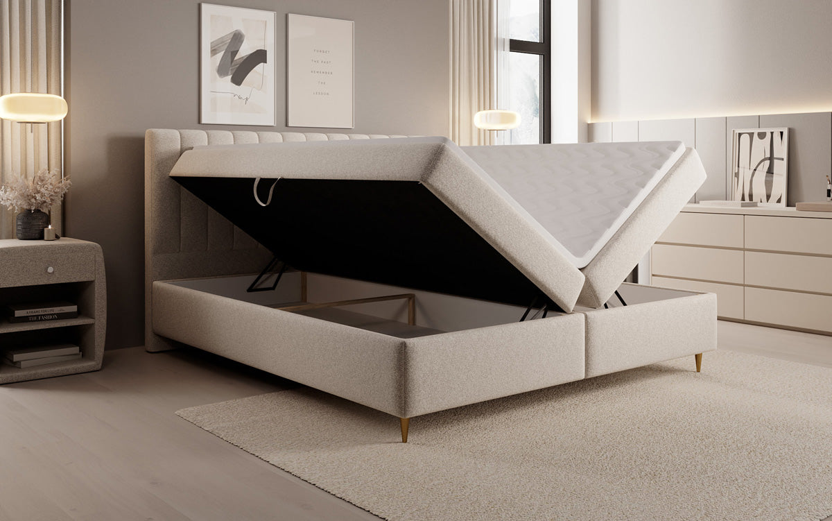 Chelsea box spring bed in textured fabric with storage space