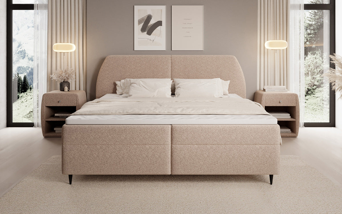 Box spring bed Nara in textured fabric with storage space