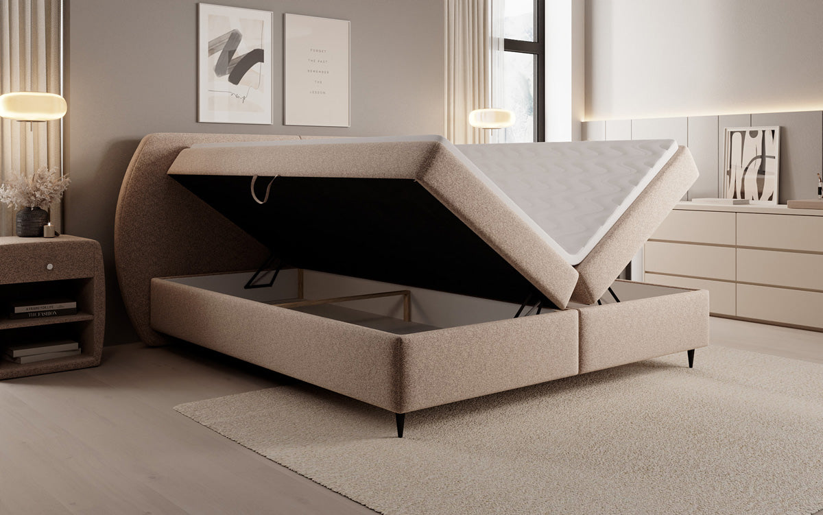 Box spring bed Nara in textured fabric with storage space