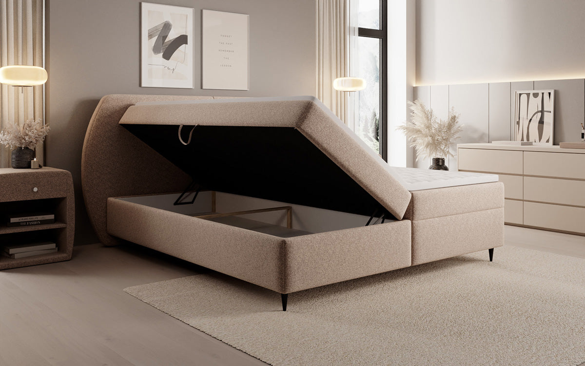 Box spring bed Nara in textured fabric with storage space